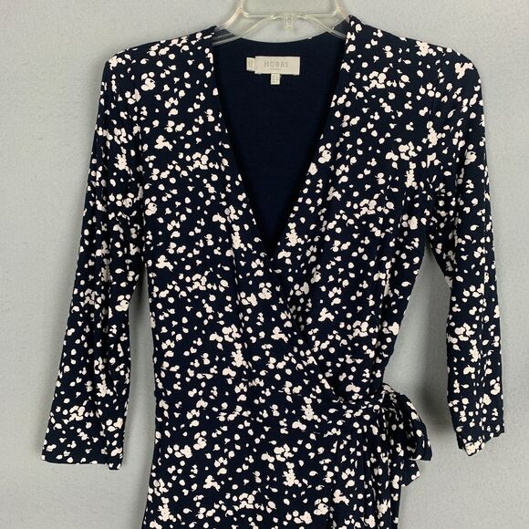 Hobbs Women’s Size 2 Navy White Floral Wrap Midi Dress Elegant Classic Core - Picture 2 of 9